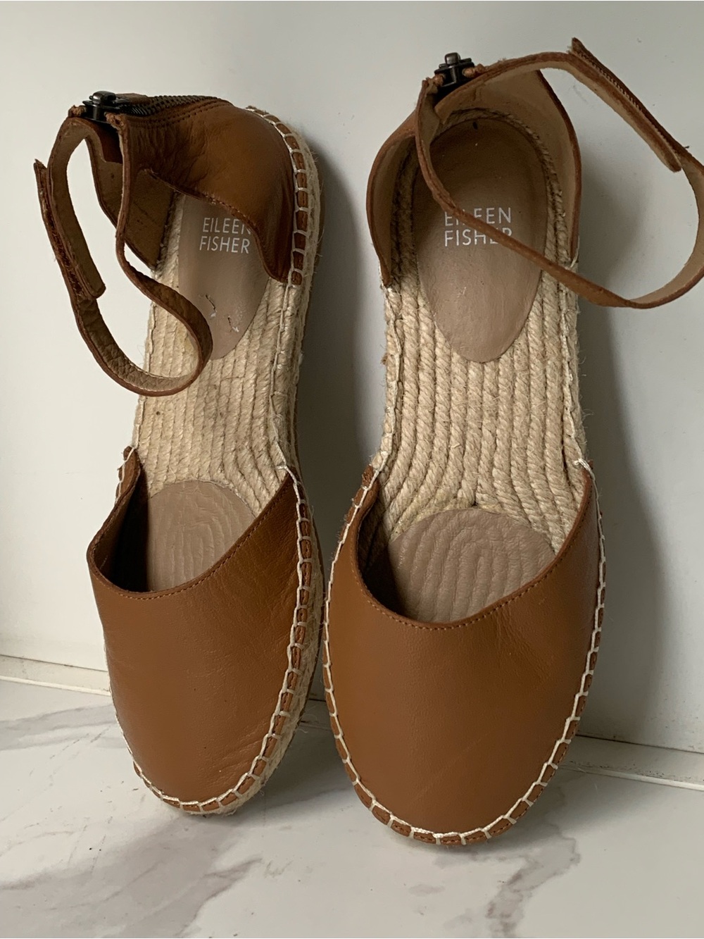 Eileen Fisher Brown Leather Espadrille Ankle-Strap Sandals